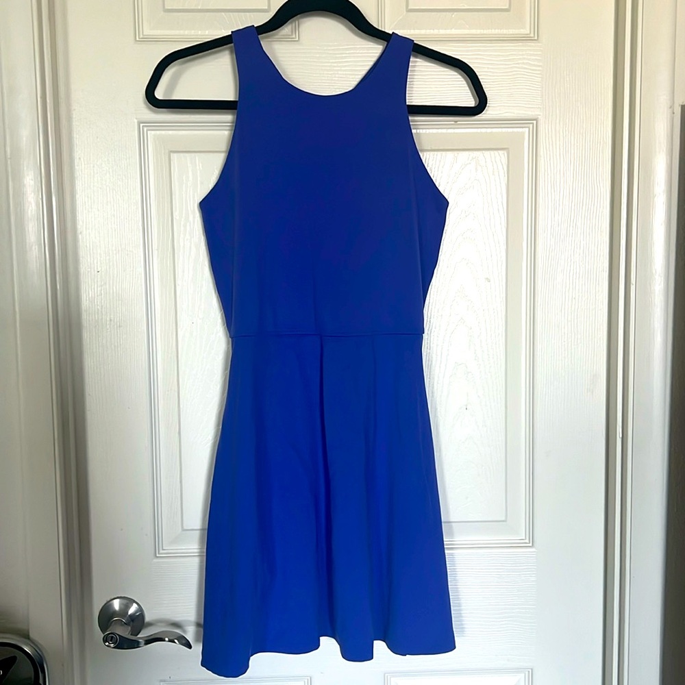 Athleta high neck racerback skater dress, size medium, blue/purple